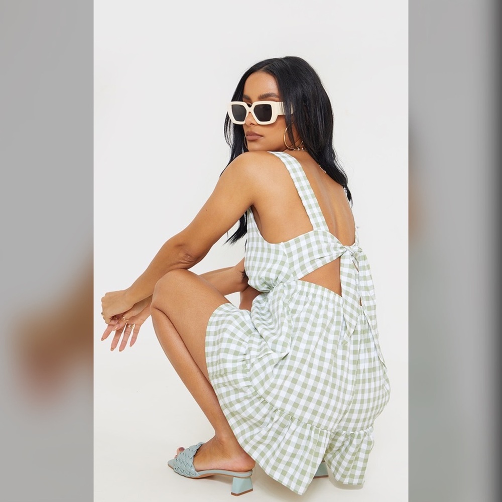 Green Gingham Tie Back Plunge Frill Hem Romper